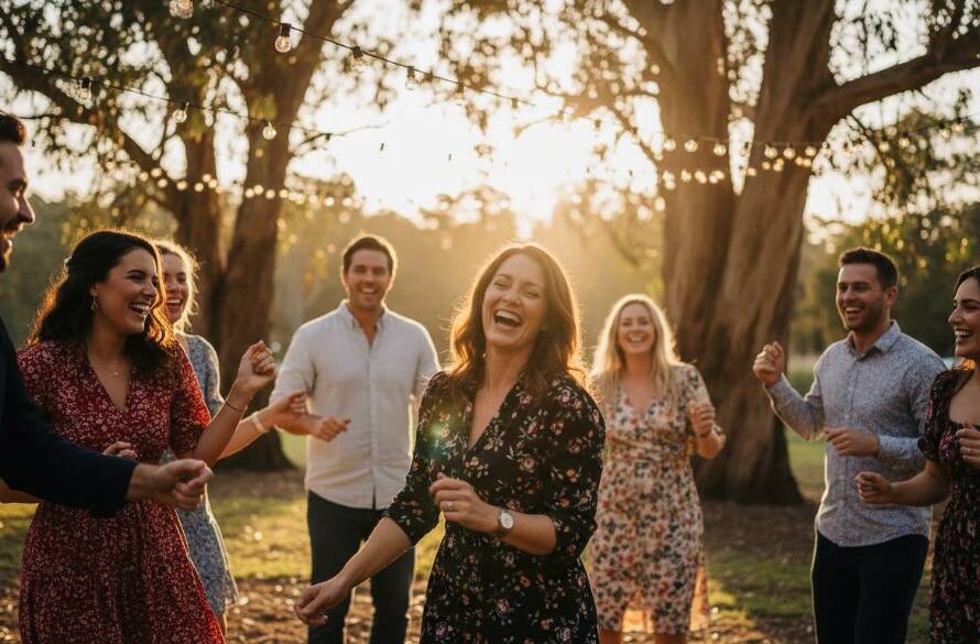 An epic moment captured at a Narre Warren North party, featuring guests laughing heartily under string lights at a rustic outdoor venue, illuminated by warm, dramatic professional lighting, showcasing vibrant celebration moments and genuine joy. The scene is colour-graded with a cinematic feel.
