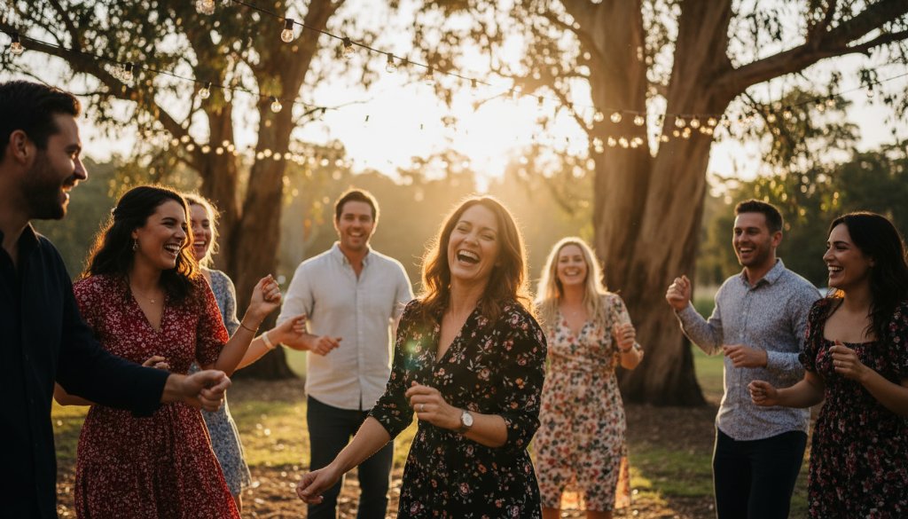 An epic moment captured at a Narre Warren North party, featuring guests laughing heartily under string lights at a rustic outdoor venue, illuminated by warm, dramatic professional lighting, showcasing vibrant celebration moments and genuine joy. The scene is colour-graded with a cinematic feel.