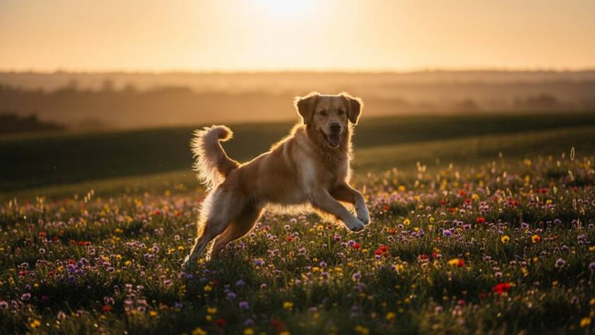 A majestic golden retriever joyfully leaping through a sun-drenched field at Lysterfield Park, capturing Narre Warren North pet photography candid moments with dramatic lighting and professional colour grading.