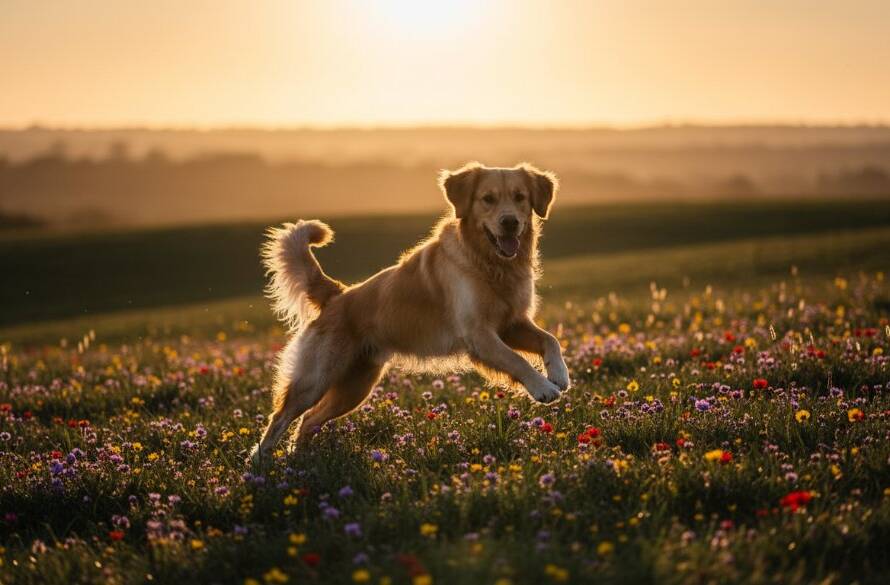 A majestic golden retriever joyfully leaping through a sun-drenched field at Lysterfield Park, capturing Narre Warren North pet photography candid moments with dramatic lighting and professional colour grading.