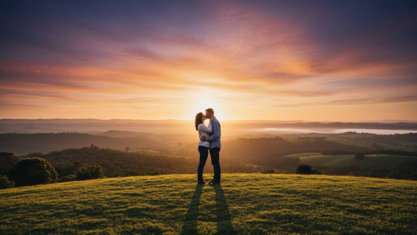 An elegant couple sharing a tender moment at sunset, surrounded by the lush, rolling hills of Narre Warren North, capturing their pre-wedding photoshoot at scenic spots, with dramatic golden hour lighting highlighting their silhouettes against a vibrant sky.