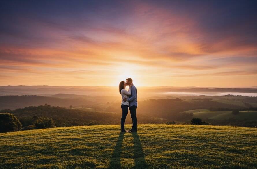 An elegant couple sharing a tender moment at sunset, surrounded by the lush, rolling hills of Narre Warren North, capturing their pre-wedding photoshoot at scenic spots, with dramatic golden hour lighting highlighting their silhouettes against a vibrant sky.