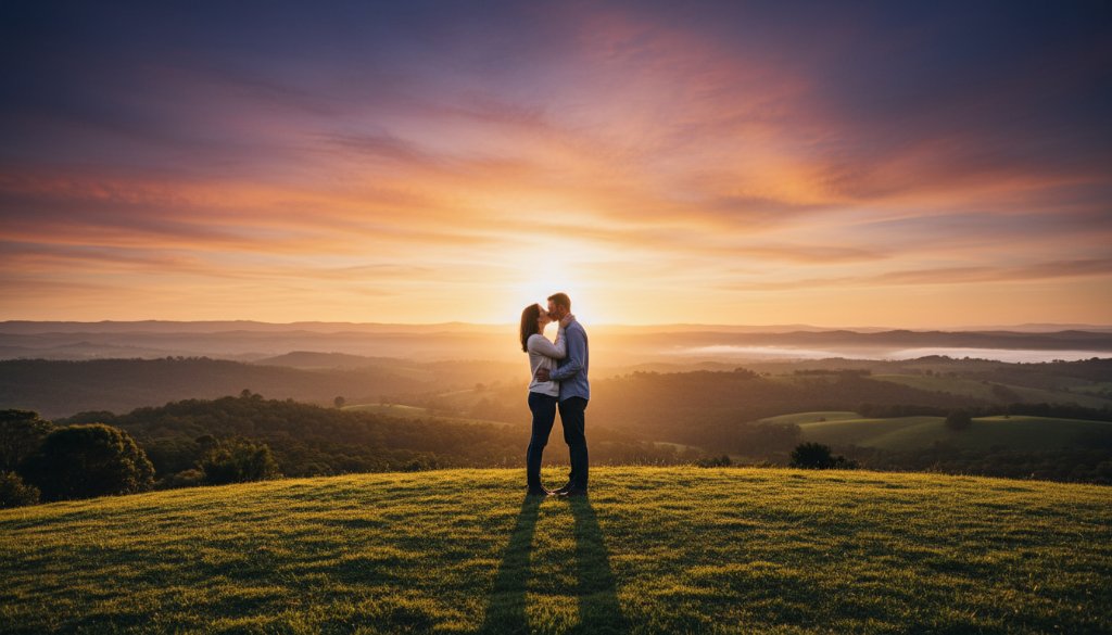 An elegant couple sharing a tender moment at sunset, surrounded by the lush, rolling hills of Narre Warren North, capturing their pre-wedding photoshoot at scenic spots, with dramatic golden hour lighting highlighting their silhouettes against a vibrant sky.