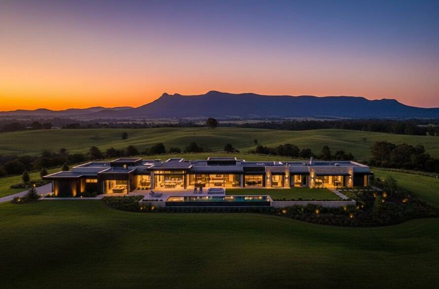 An expansive twilight drone shot capturing a magnificent Narre Warren North luxury estate, with soft interior lights glowing, manicured gardens, and distant Dandenong Ranges hills under a dramatic, colour-graded sunset sky. Focus on 'Narre Warren North prestige property photography services' to highlight the property's grandeur.