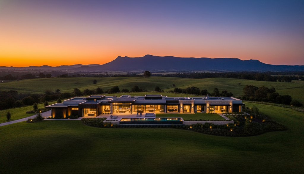 An expansive twilight drone shot capturing a magnificent Narre Warren North luxury estate, with soft interior lights glowing, manicured gardens, and distant Dandenong Ranges hills under a dramatic, colour-graded sunset sky. Focus on 'Narre Warren North prestige property photography services' to highlight the property's grandeur.