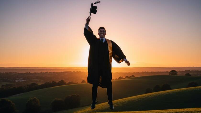A jubilant Narre Warren North professional graduation photography scene featuring a graduate throwing their cap high against a dramatic sunset over rolling hills, celebrating an epic milestone with cinematic lighting and vibrant colours.