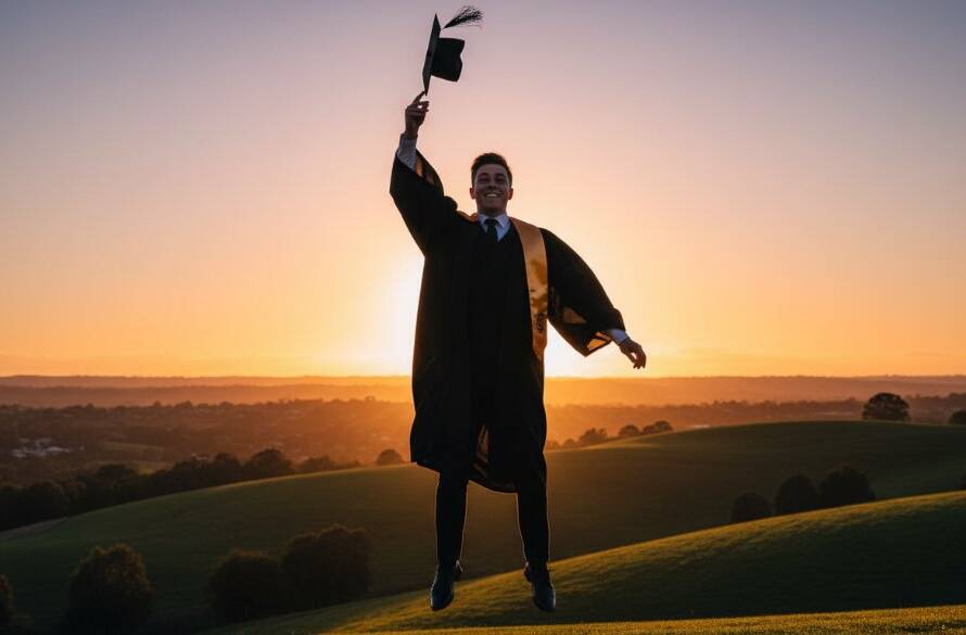 A jubilant Narre Warren North professional graduation photography scene featuring a graduate throwing their cap high against a dramatic sunset over rolling hills, celebrating an epic milestone with cinematic lighting and vibrant colours.