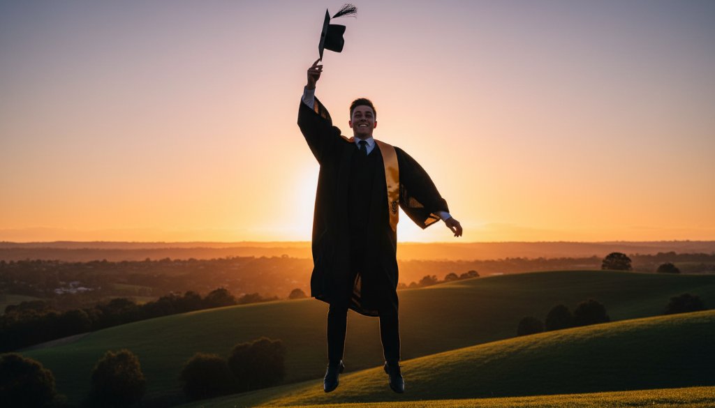 A jubilant Narre Warren North professional graduation photography scene featuring a graduate throwing their cap high against a dramatic sunset over rolling hills, celebrating an epic milestone with cinematic lighting and vibrant colours.