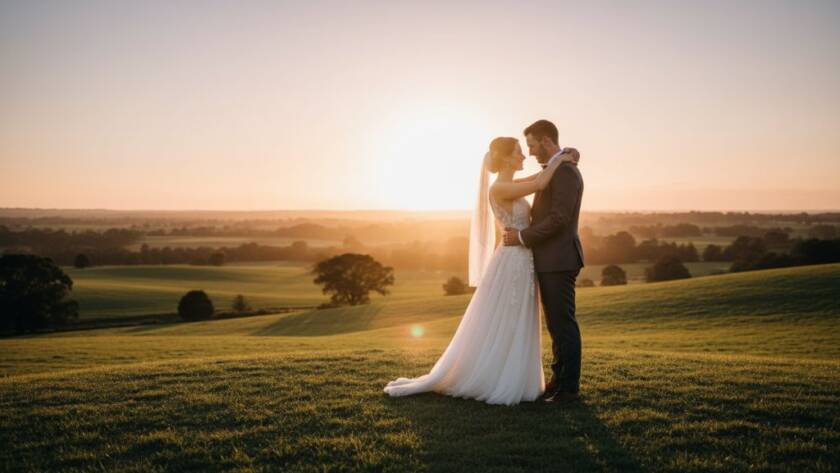 A stunning wide-angle shot capturing Narre Warren North wedding photography timeless romance, featuring a newlywed couple embracing at sunset in a scenic vineyard with rolling hills, dramatic golden hour light, cinematic, epic moment.