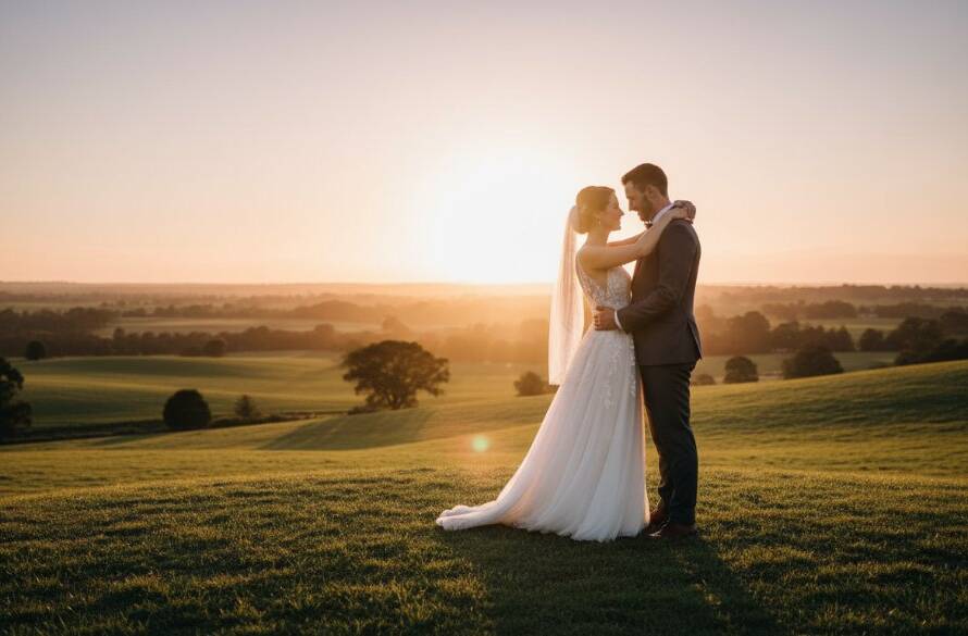 A stunning wide-angle shot capturing Narre Warren North wedding photography timeless romance, featuring a newlywed couple embracing at sunset in a scenic vineyard with rolling hills, dramatic golden hour light, cinematic, epic moment.