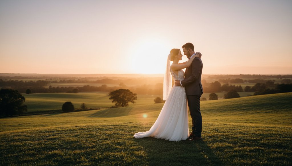 A stunning wide-angle shot capturing Narre Warren North wedding photography timeless romance, featuring a newlywed couple embracing at sunset in a scenic vineyard with rolling hills, dramatic golden hour light, cinematic, epic moment.