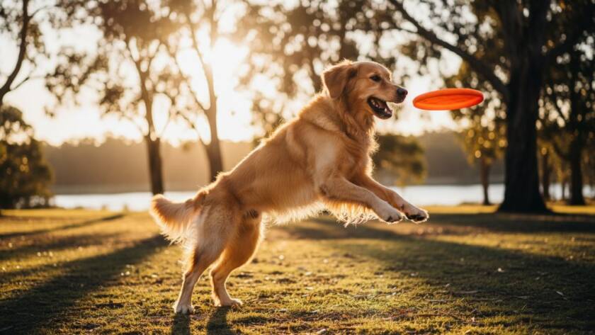 An epic moment captured in Narre Warren pet photography cherished moments: A golden retriever leaping joyfully through a sun-dappled park, a blurry stream of water in the background, professional colour grading highlighting its vibrant fur and pure exuberance.