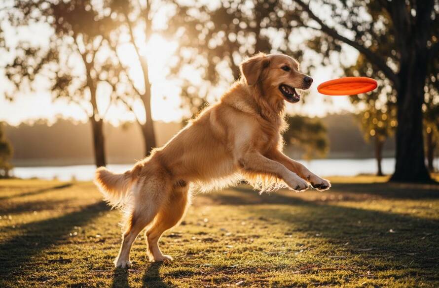 An epic moment captured in Narre Warren pet photography cherished moments: A golden retriever leaping joyfully through a sun-dappled park, a blurry stream of water in the background, professional colour grading highlighting its vibrant fur and pure exuberance.