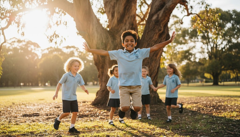 Dramatic, emotionally resonant image of children from Narre Warren primary school photography capturing candid moments of joy and laughter during an outdoor play session, with sunlight filtering through gum trees, showcasing their genuine expressions in a professional, color-graded style.