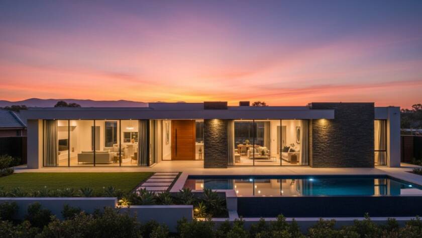 An expertly composed, wide-angle shot of a stunning modern home in Narre Warren at twilight, showcasing sophisticated interior lighting spilling onto a manicured garden with a subtle hint of the Dandenong Ranges in the distance, illustrating professional Narre Warren real estate photography for faster property sales with dramatic flair.