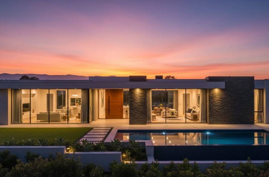 An expertly composed, wide-angle shot of a stunning modern home in Narre Warren at twilight, showcasing sophisticated interior lighting spilling onto a manicured garden with a subtle hint of the Dandenong Ranges in the distance, illustrating professional Narre Warren real estate photography for faster property sales with dramatic flair.
