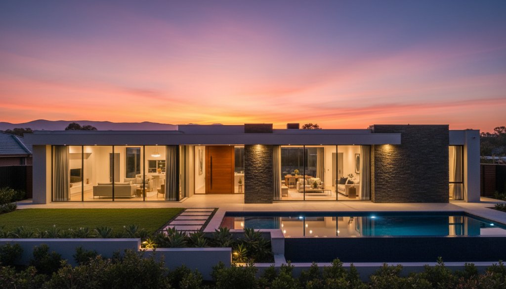 An expertly composed, wide-angle shot of a stunning modern home in Narre Warren at twilight, showcasing sophisticated interior lighting spilling onto a manicured garden with a subtle hint of the Dandenong Ranges in the distance, illustrating professional Narre Warren real estate photography for faster property sales with dramatic flair.