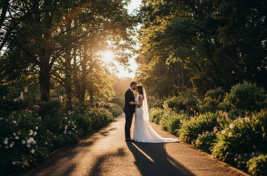 A stunning wide-angle photograph capturing a newly married couple embracing in a lush, sun-drenched garden at a Narre Warren romantic garden wedding, dramatic golden hour light filtering through trees, with a shallow depth of field, showcasing their joyful expressions and the elegant details of their attire, professionally colour-graded for a cinematic feel.