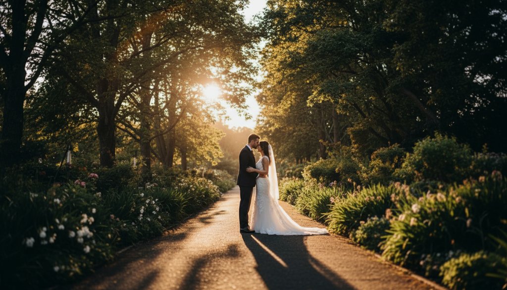 A stunning wide-angle photograph capturing a newly married couple embracing in a lush, sun-drenched garden at a Narre Warren romantic garden wedding, dramatic golden hour light filtering through trees, with a shallow depth of field, showcasing their joyful expressions and the elegant details of their attire, professionally colour-graded for a cinematic feel.