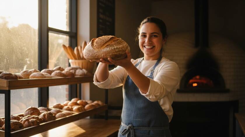 Dynamic advertising photography showing a vibrant Narre Warren South small business owner proudly showcasing their artisanal product in a beautifully lit, modern cafe setting, captured with dramatic, professional color grading, highlighting the product as an 'epic moment' of creation and presentation.