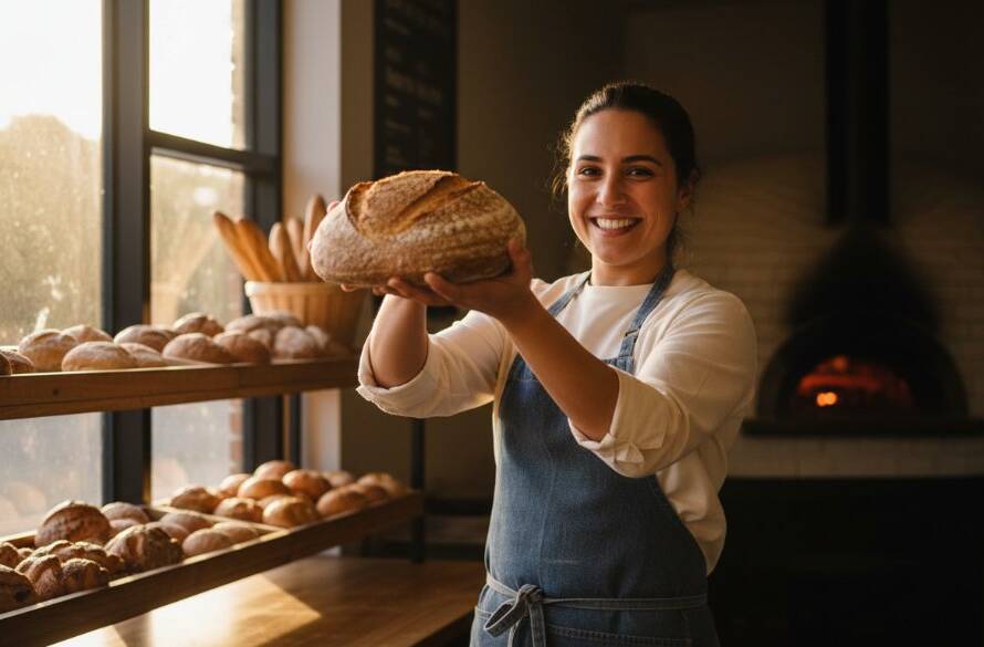 Dynamic advertising photography showing a vibrant Narre Warren South small business owner proudly showcasing their artisanal product in a beautifully lit, modern cafe setting, captured with dramatic, professional color grading, highlighting the product as an 'epic moment' of creation and presentation.