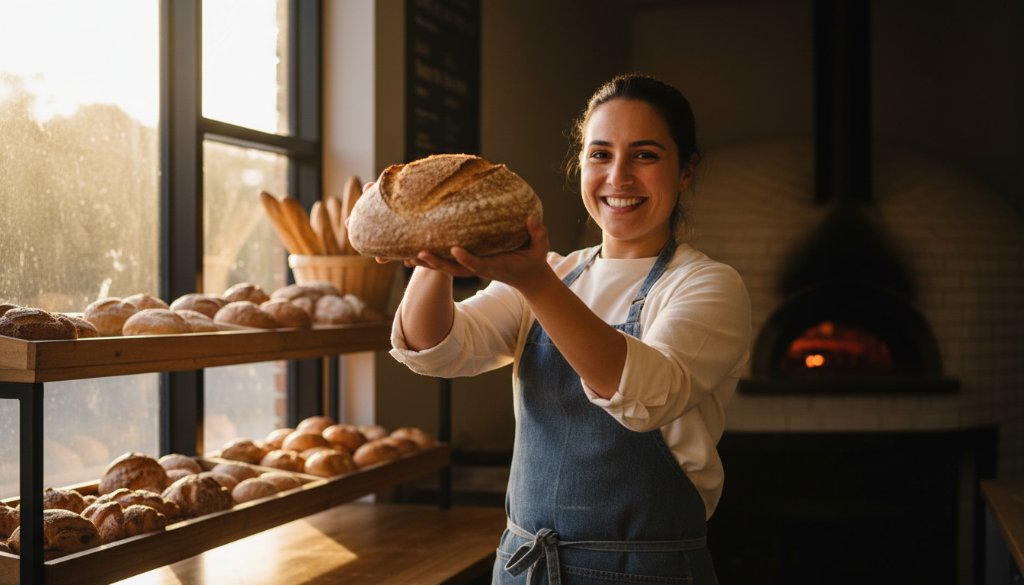 Dynamic advertising photography showing a vibrant Narre Warren South small business owner proudly showcasing their artisanal product in a beautifully lit, modern cafe setting, captured with dramatic, professional color grading, highlighting the product as an 'epic moment' of creation and presentation.