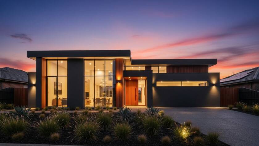 An epic wide-angle, cinematic photograph showcasing professional Narre Warren South architectural photography for modern homes. A sleek, dark-toned modern house with expansive glass and timber accents glows with interior lights at dusk, reflecting the vibrant orange and purple sunset in Narre Warren South, Victoria. Lush, subtly lit native landscaping frames the scene, capturing a serene and aspirational moment.