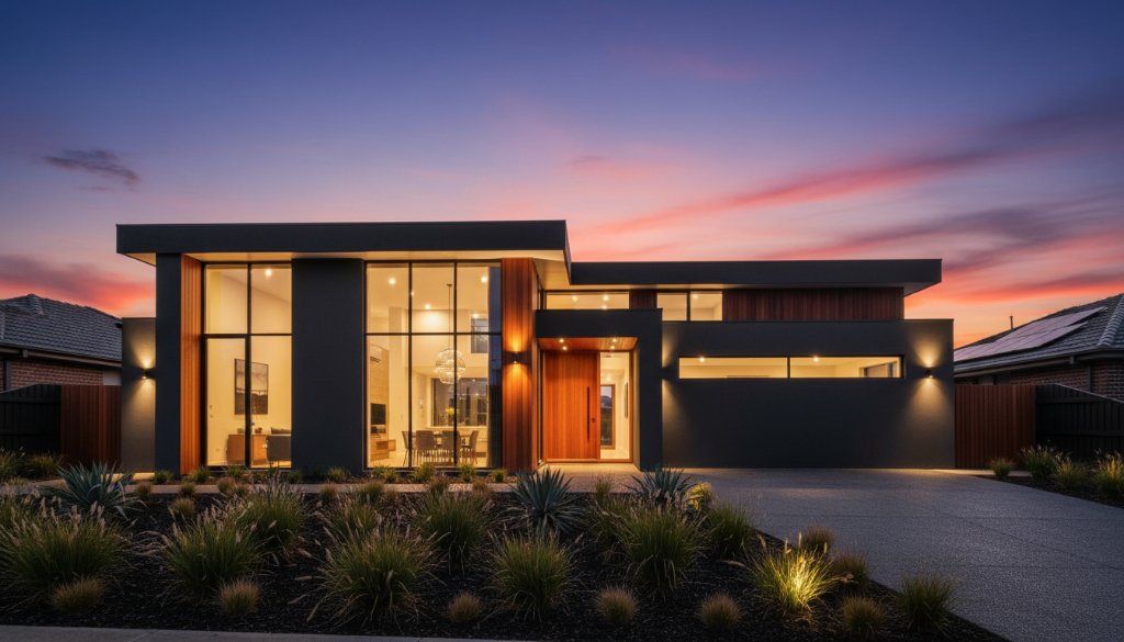 An epic wide-angle, cinematic photograph showcasing professional Narre Warren South architectural photography for modern homes. A sleek, dark-toned modern house with expansive glass and timber accents glows with interior lights at dusk, reflecting the vibrant orange and purple sunset in Narre Warren South, Victoria. Lush, subtly lit native landscaping frames the scene, capturing a serene and aspirational moment.