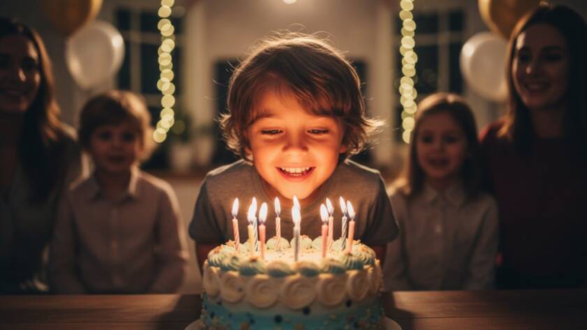 An emotionally charged, candid shot captured by a Narre Warren South birthday party photographer, showing a child's ecstatic face blowing out candles on a vibrantly lit cake, surrounded by cheering family and friends in a beautifully decorated Narre Warren South home, with dramatic, warm lighting emphasizing the joy and connection, professional colour grading.