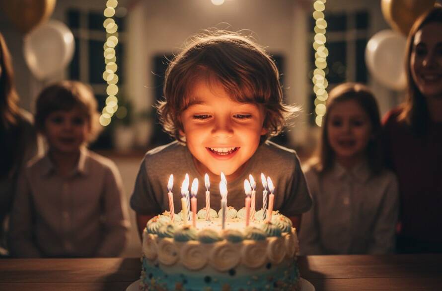 An emotionally charged, candid shot captured by a Narre Warren South birthday party photographer, showing a child's ecstatic face blowing out candles on a vibrantly lit cake, surrounded by cheering family and friends in a beautifully decorated Narre Warren South home, with dramatic, warm lighting emphasizing the joy and connection, professional colour grading.