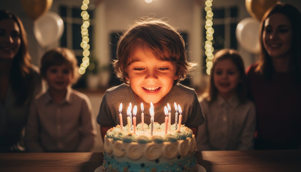 An emotionally charged, candid shot captured by a Narre Warren South birthday party photographer, showing a child's ecstatic face blowing out candles on a vibrantly lit cake, surrounded by cheering family and friends in a beautifully decorated Narre Warren South home, with dramatic, warm lighting emphasizing the joy and connection, professional colour grading.