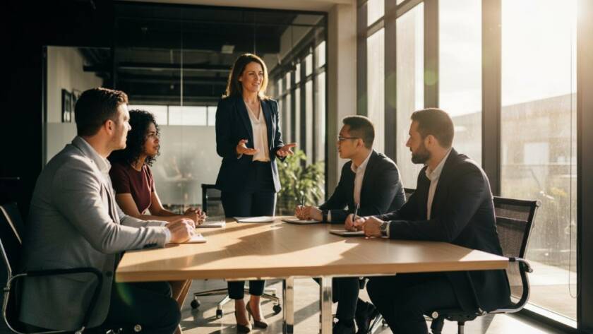 A dynamic, cinematic shot of a diverse business team collaborating energetically in a modern Narre Warren South office space, capturing professional corporate photography for local business growth, with dramatic natural light highlighting their engaged expressions and the collaborative environment, embodying an 'epic moment' of innovation.