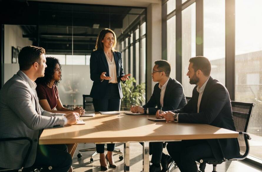 A dynamic, cinematic shot of a diverse business team collaborating energetically in a modern Narre Warren South office space, capturing professional corporate photography for local business growth, with dramatic natural light highlighting their engaged expressions and the collaborative environment, embodying an 'epic moment' of innovation.