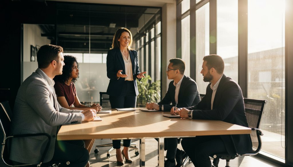 A dynamic, cinematic shot of a diverse business team collaborating energetically in a modern Narre Warren South office space, capturing professional corporate photography for local business growth, with dramatic natural light highlighting their engaged expressions and the collaborative environment, embodying an 'epic moment' of innovation.