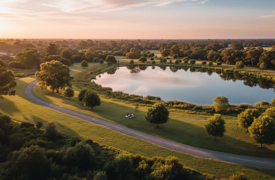 An epic moment captured by Narre Warren South drone photography for stunning local vistas, showing a vibrant sunset over a tranquil lake in Narre Warren South, with a lone kayaker silhouetted against the colourful sky, showcasing the natural beauty from an aerial perspective.