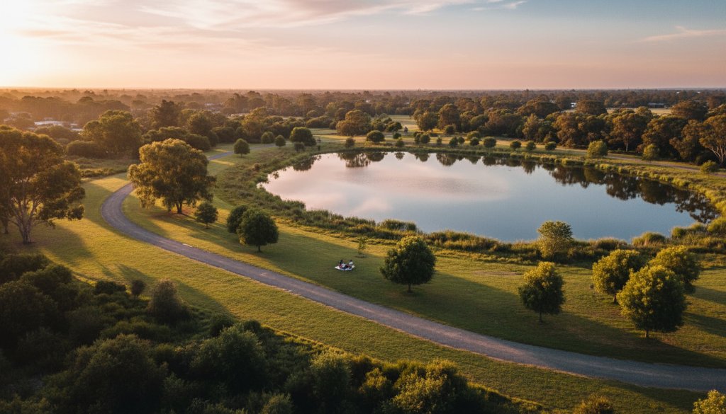 An epic moment captured by Narre Warren South drone photography for stunning local vistas, showing a vibrant sunset over a tranquil lake in Narre Warren South, with a lone kayaker silhouetted against the colourful sky, showcasing the natural beauty from an aerial perspective.