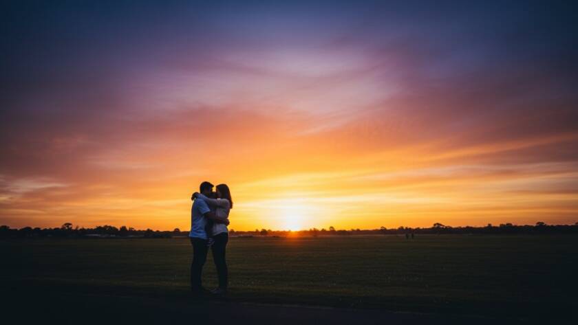 A dramatic and emotionally charged fine art photograph capturing a family silhouetted against a golden sunset in Narre Warren South, evoking the essence of Narre Warren South fine art photography storytelling, with dramatic lighting and professional colour grading.