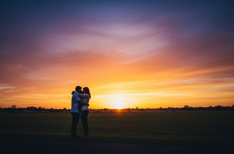 A dramatic and emotionally charged fine art photograph capturing a family silhouetted against a golden sunset in Narre Warren South, evoking the essence of Narre Warren South fine art photography storytelling, with dramatic lighting and professional colour grading.