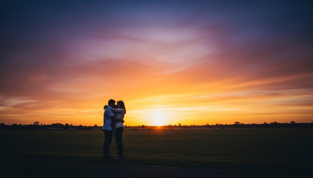 A dramatic and emotionally charged fine art photograph capturing a family silhouetted against a golden sunset in Narre Warren South, evoking the essence of Narre Warren South fine art photography storytelling, with dramatic lighting and professional colour grading.