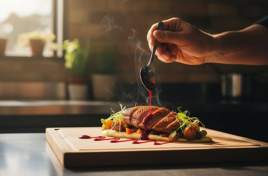 Dynamic shot of a chef's hand drizzling sauce onto a perfectly plated gourmet dish in a sunlit Narre Warren South cafe, showcasing expert Narre Warren South food photography for local cafes.