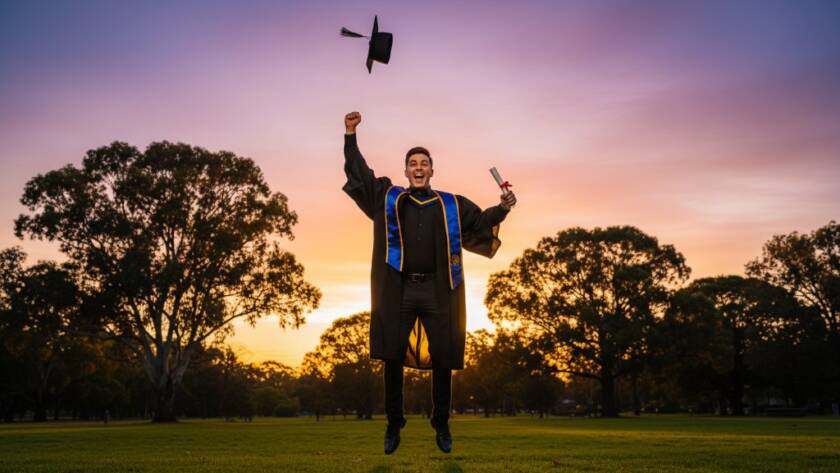 A graduating student in Narre Warren South triumphantly throws their mortarboard into a vivid sunset, embodying the heartfelt memories of their achievement, captured in a dramatic, professionally lit photograph.