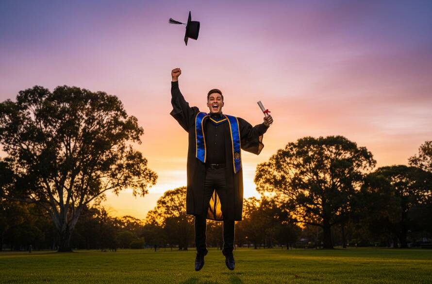 A graduating student in Narre Warren South triumphantly throws their mortarboard into a vivid sunset, embodying the heartfelt memories of their achievement, captured in a dramatic, professionally lit photograph.
