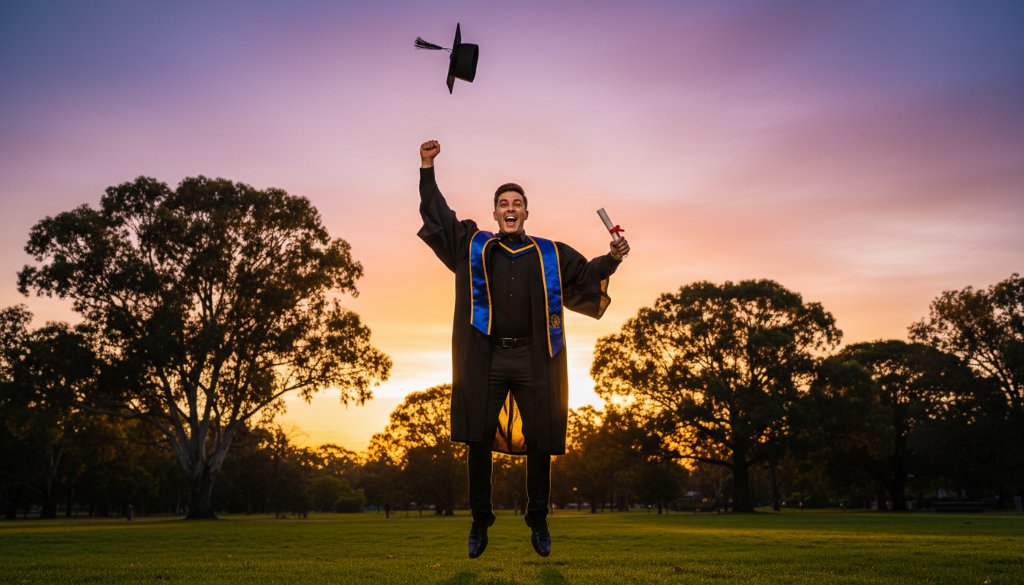 A graduating student in Narre Warren South triumphantly throws their mortarboard into a vivid sunset, embodying the heartfelt memories of their achievement, captured in a dramatic, professionally lit photograph.