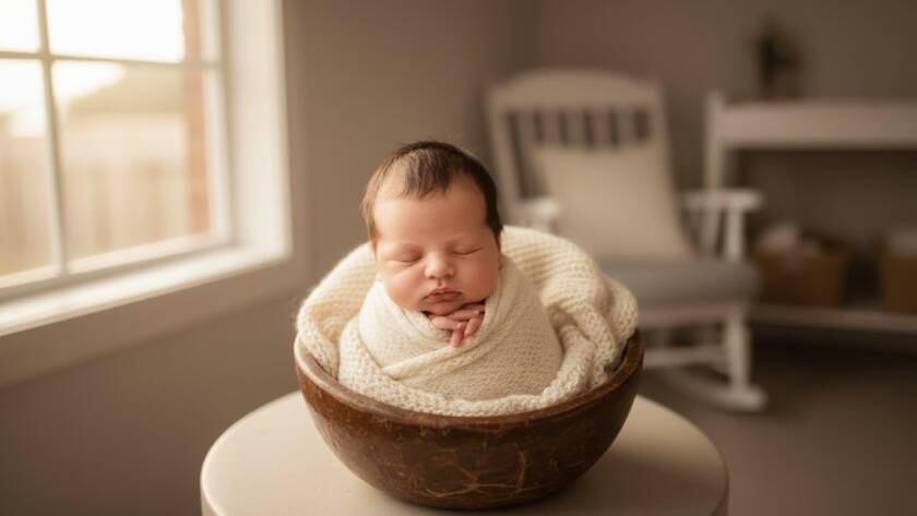 Close-up of a sleeping newborn baby swaddled in soft cream fabric, held gently by a parent's hands, bathed in ethereal golden light streaming through a window in a Narre Warren South home, capturing the essence of Narre Warren South newborn photography for timeless family memories.