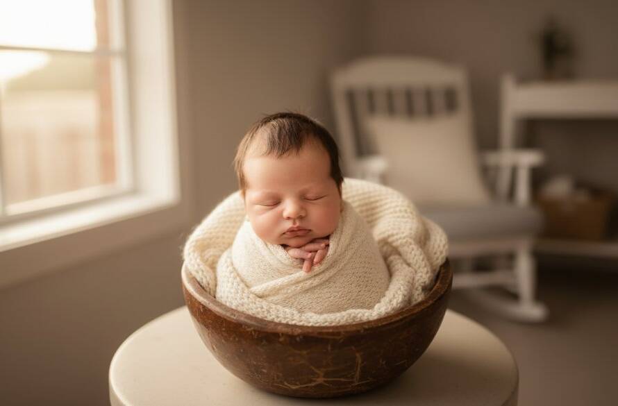 Close-up of a sleeping newborn baby swaddled in soft cream fabric, held gently by a parent's hands, bathed in ethereal golden light streaming through a window in a Narre Warren South home, capturing the essence of Narre Warren South newborn photography for timeless family memories.
