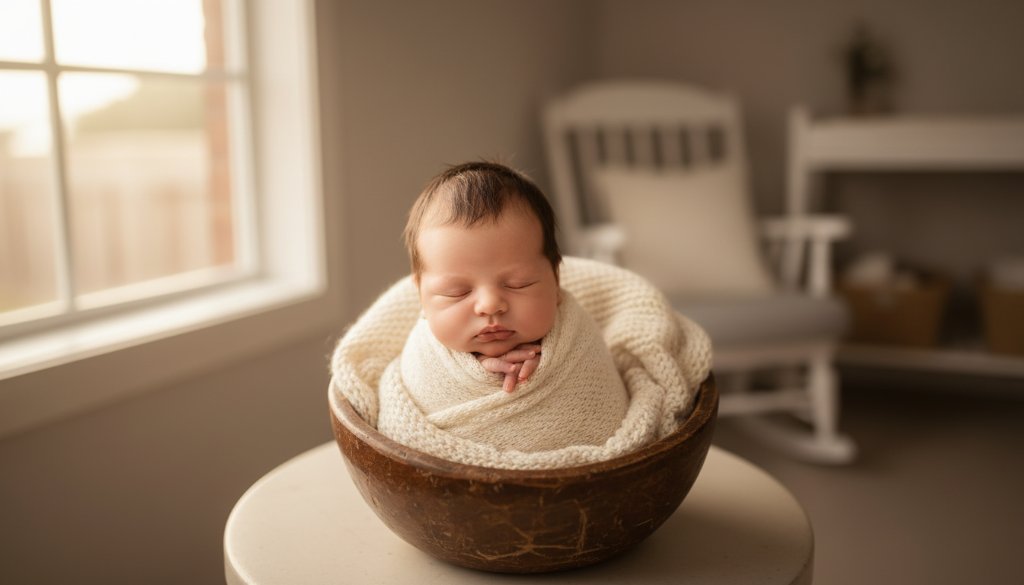 Close-up of a sleeping newborn baby swaddled in soft cream fabric, held gently by a parent's hands, bathed in ethereal golden light streaming through a window in a Narre Warren South home, capturing the essence of Narre Warren South newborn photography for timeless family memories.