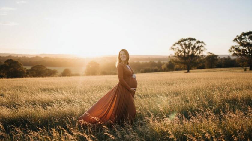 An expectant mother in Narre Warren South, bathed in golden hour light, posing gracefully amidst a vibrant, natural setting, capturing a breathtaking Narre Warren South outdoor maternity photography moment.