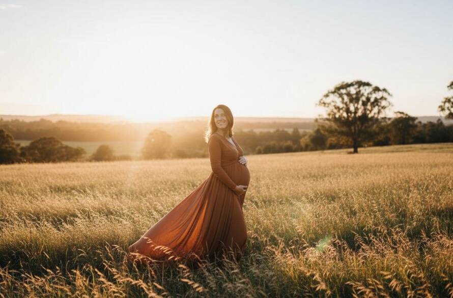 An expectant mother in Narre Warren South, bathed in golden hour light, posing gracefully amidst a vibrant, natural setting, capturing a breathtaking Narre Warren South outdoor maternity photography moment.