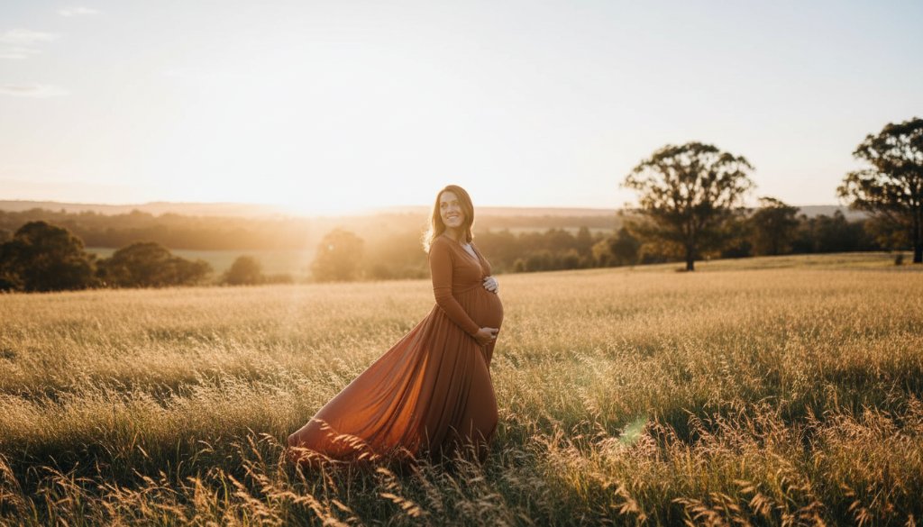 An expectant mother in Narre Warren South, bathed in golden hour light, posing gracefully amidst a vibrant, natural setting, capturing a breathtaking Narre Warren South outdoor maternity photography moment.