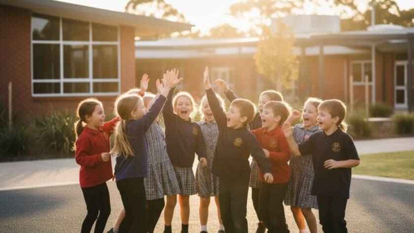 A vibrant, professionally color-graded wide shot capturing an authentic moment of joy during Narre Warren South school photography, showing a group of diverse primary school students laughing and high-fiving in natural light against the backdrop of their modern school playground, demonstrating genuine connections and happiness.